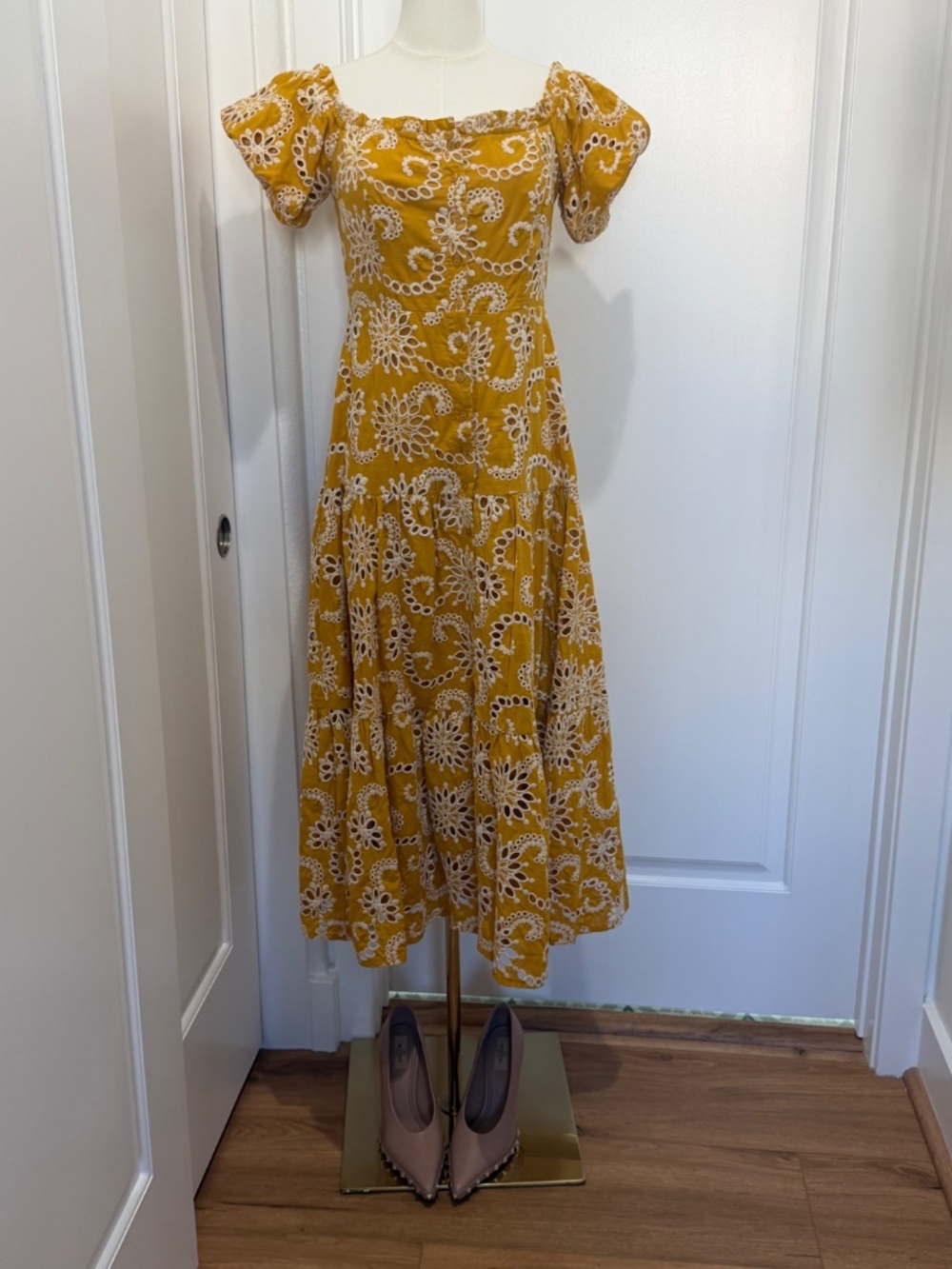 ASTR the Label Mustard Yellow Eyelet Tiered Midi Dress - Picture 2 of 5